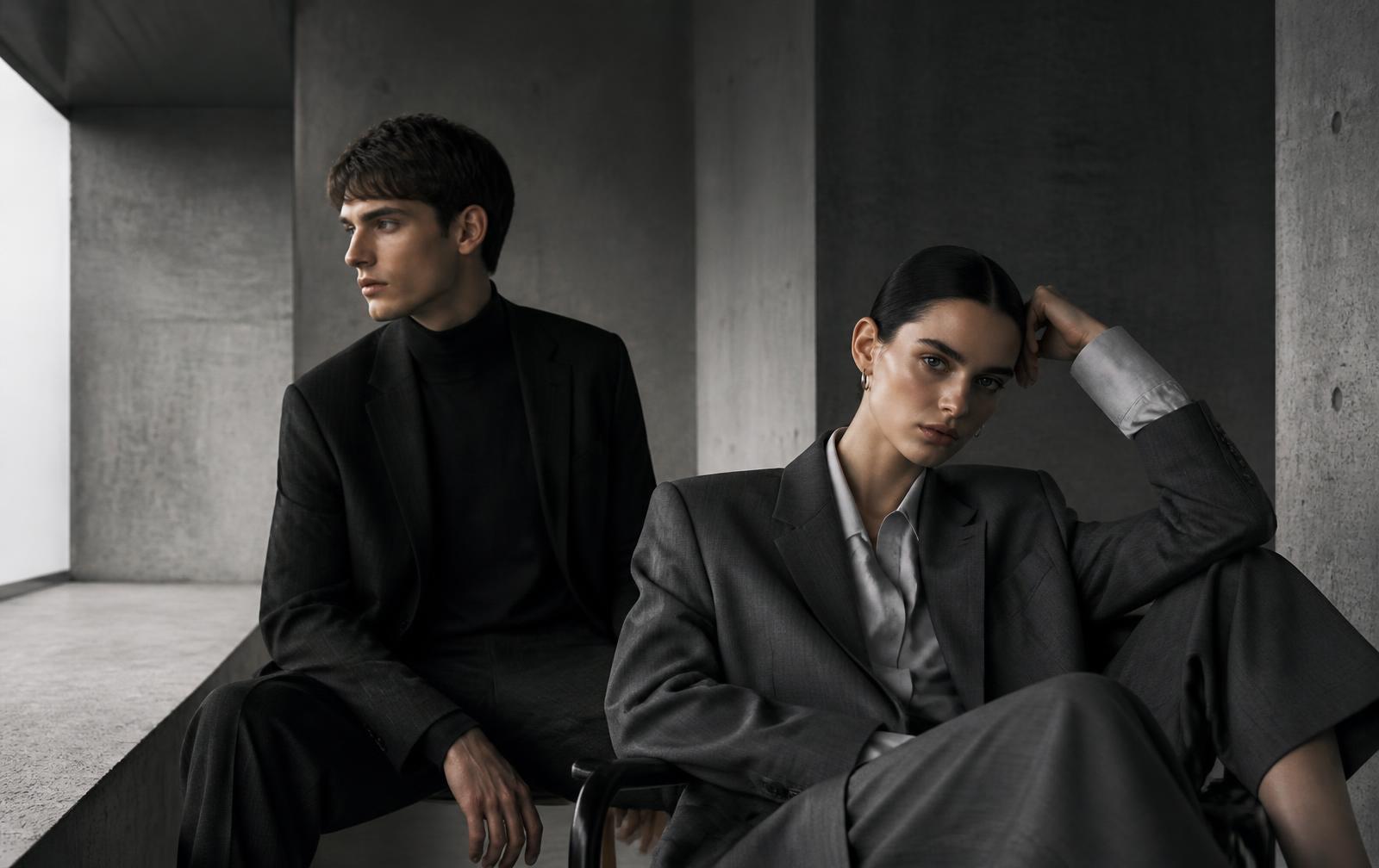 Two models in monochrome tailoring in a concrete interior