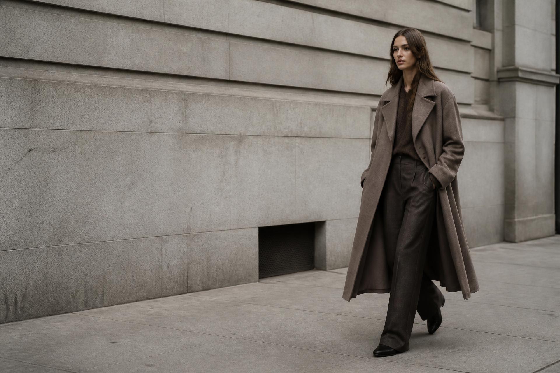 Model wearing an oversized wool coat on a city street